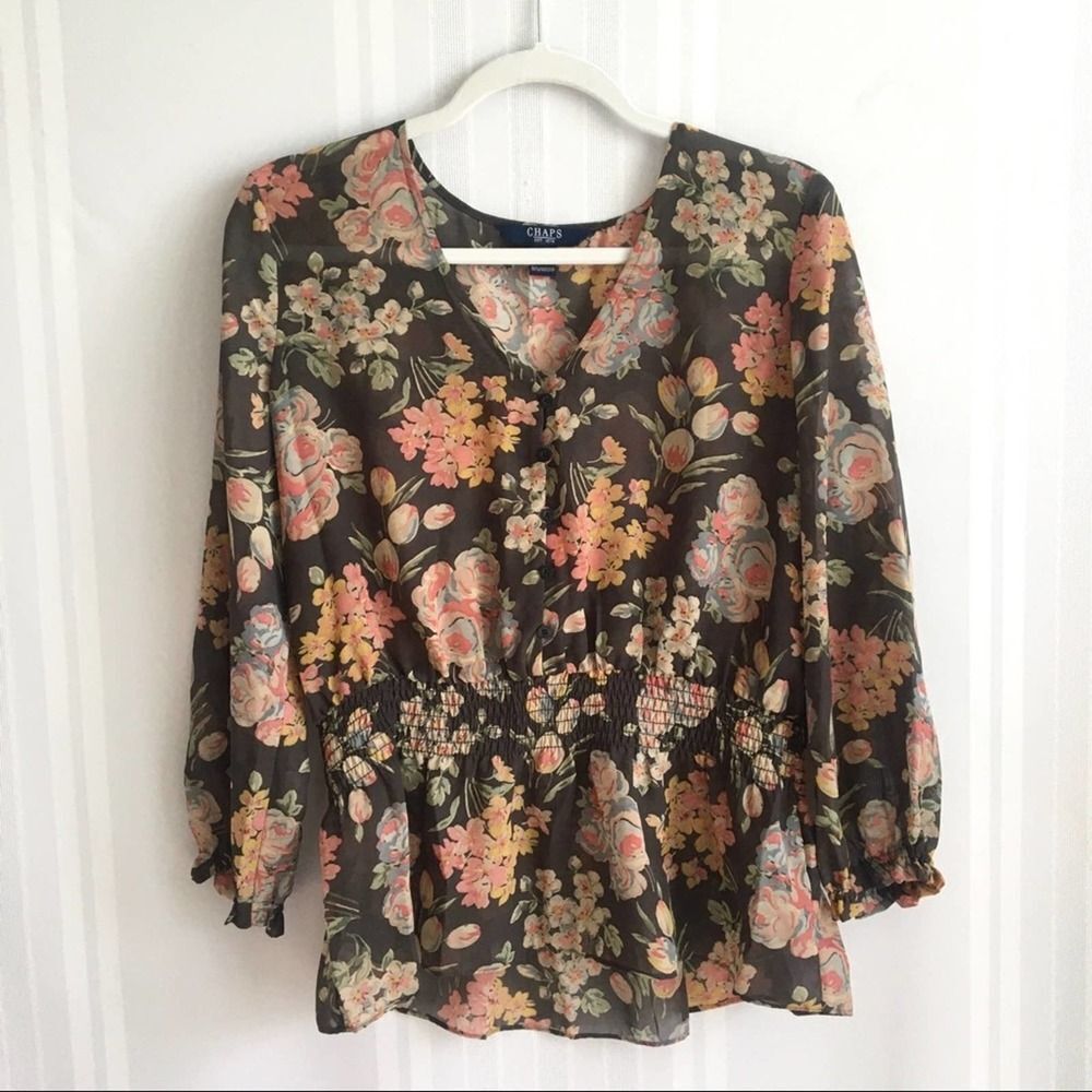 Chaps Floral Elastic Waist Sheer Blouse Brown Medium Button Down Workwear Top